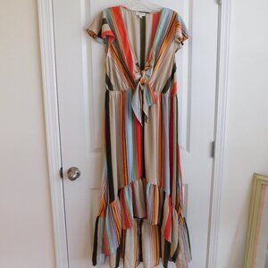 Umgee Colorful Vertical Striped Ruffle High Low Maxi Dress S